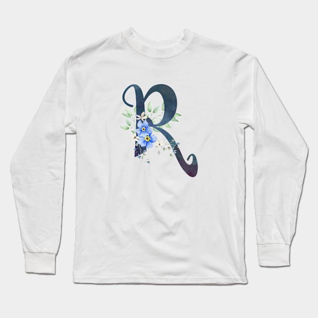 Floral Monogram R Wild Blue Flowers Long Sleeve T-Shirt by floralmonogram